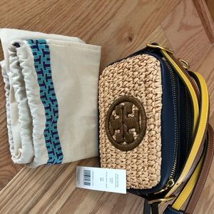 Tory Burch bombe straw mini bag Royal Navy NEW